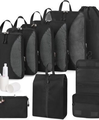 Compression Packing Cubes 10 Sets, Packing Organizers, Extensible Suitcase Organiser Bags, Travel Organizer Cubes for Travel Essentials Black