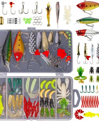 Fishing Lures Kit for Freshwater Bait Tackle Kit for Bass Trout Salmon Fishing Accessories Tackle Box Including Spoon Lures Soft Plastic Worms